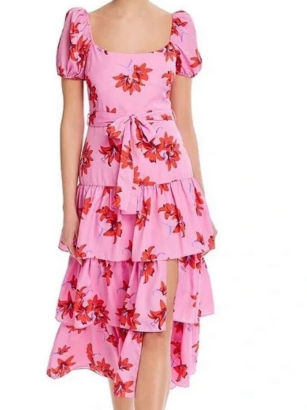Likely Lottie - Pink Floral Tiered Midi Dress with Puff Sleeves